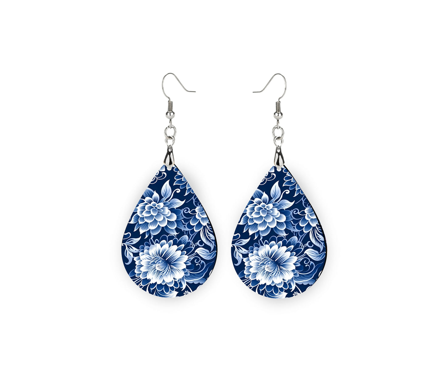 Blue and White Floral Print Earrings Tear Drop Wood Dangle Earrings Hypoallergenic Jewelry