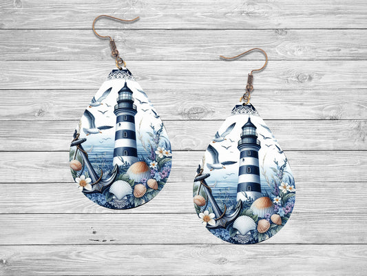 Blue Lighthouse Print Earrings Tear Drop Wood Dangle Earrings Hypoallergenic Jewelry