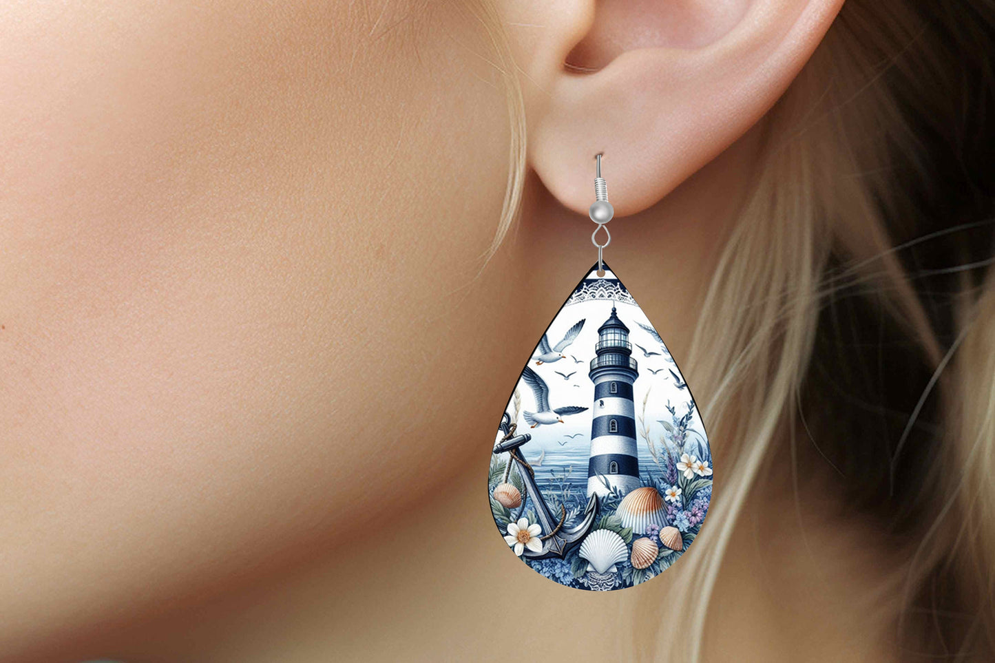 Blue Lighthouse Print Earrings Tear Drop Wood Dangle Earrings Hypoallergenic Jewelry