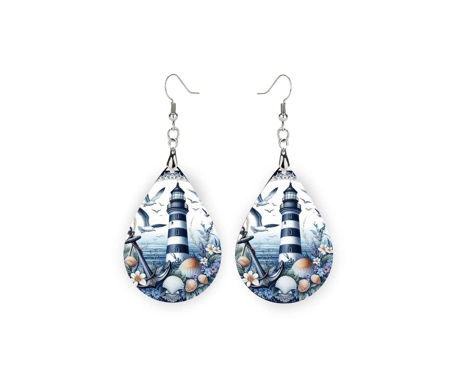 Blue Lighthouse Print Earrings Tear Drop Wood Dangle Earrings Hypoallergenic Jewelry