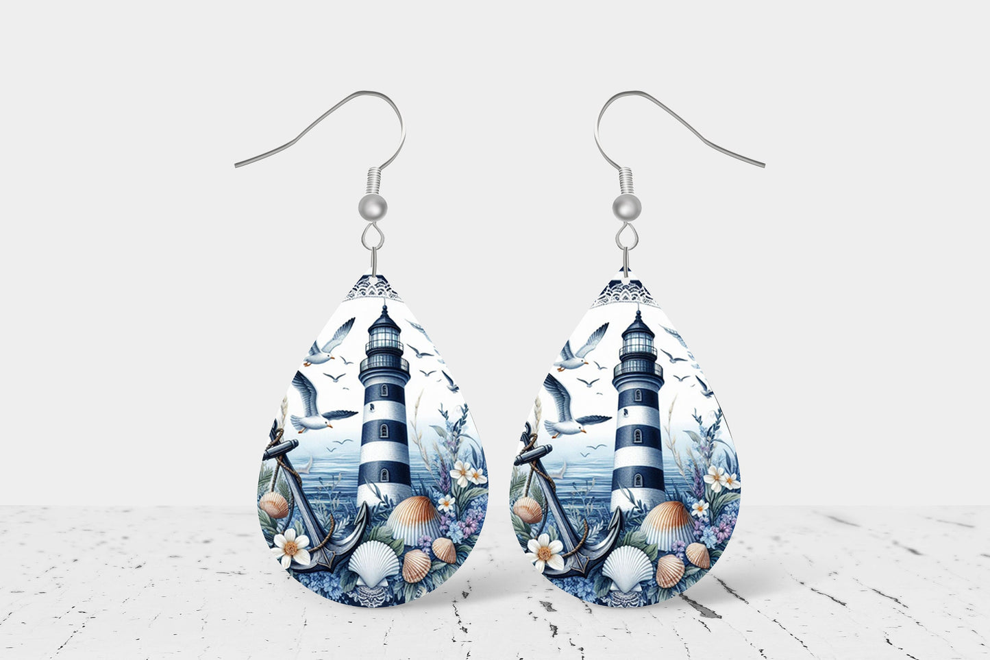 Blue Lighthouse Print Earrings Tear Drop Wood Dangle Earrings Hypoallergenic Jewelry