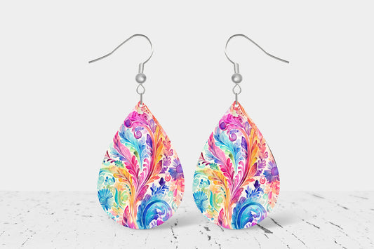 Color Wash Paisley Print Earrings Tear Drop Wood Dangle Earrings Hypoallergenic Jewelry