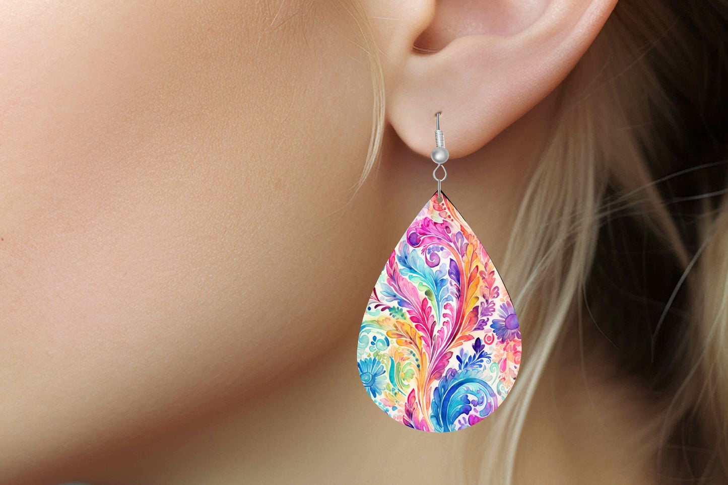 Color Wash Paisley Print Earrings Tear Drop Wood Dangle Earrings Hypoallergenic Jewelry