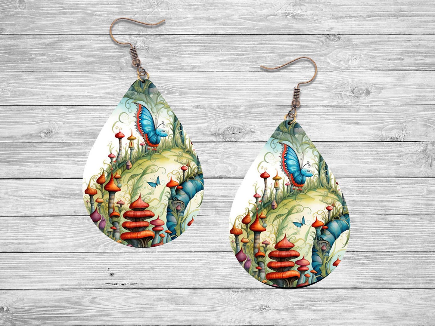 Fantasy Land Print Earrings Tear Drop Wood Dangle Earrings Hypoallergenic Jewelry