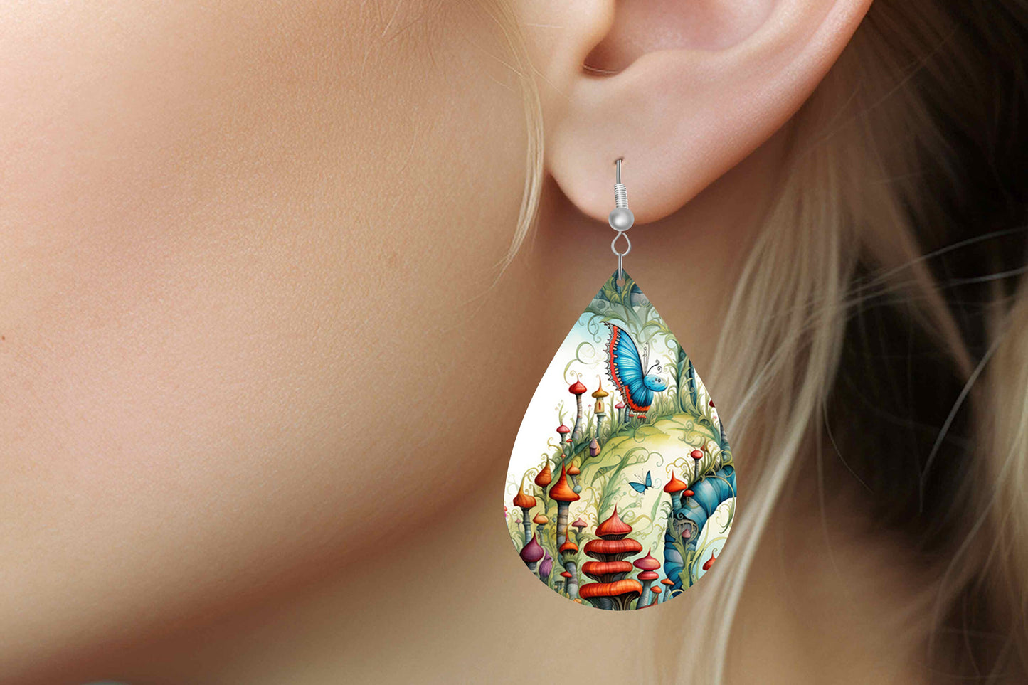 Fantasy Land Print Earrings Tear Drop Wood Dangle Earrings Hypoallergenic Jewelry