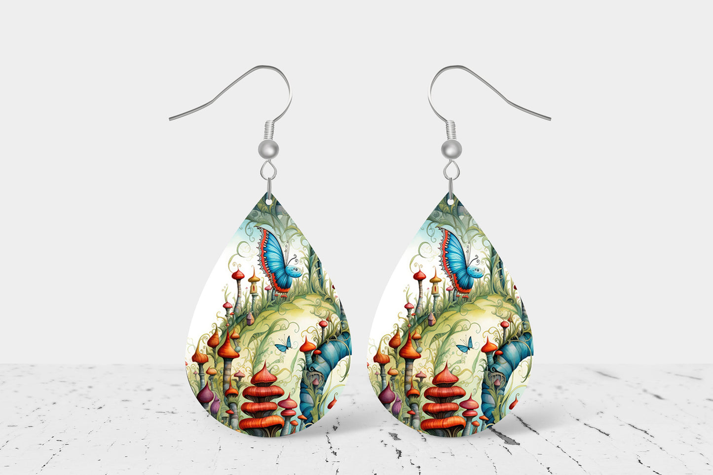 Fantasy Land Print Earrings Tear Drop Wood Dangle Earrings Hypoallergenic Jewelry