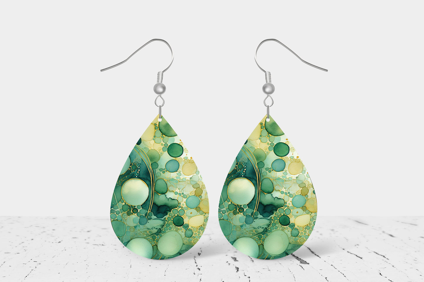 Green Bubbles Print Earrings Tear Drop Wood Dangle Earrings Hypoallergenic Jewelry