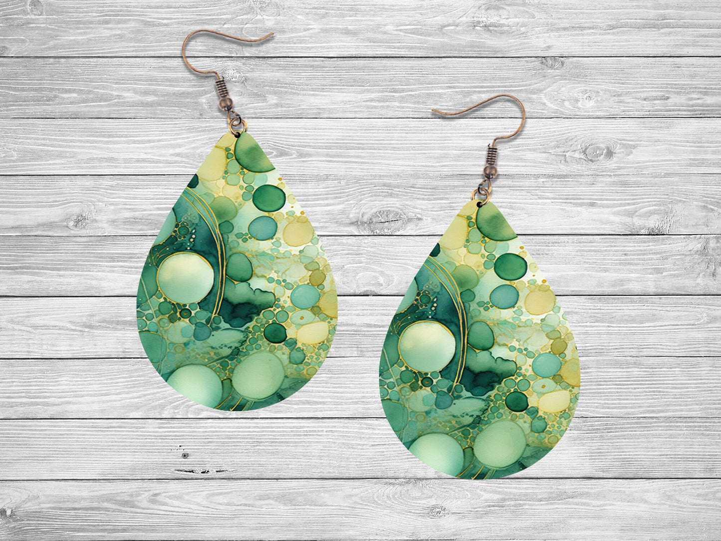 Green Bubbles Print Earrings Tear Drop Wood Dangle Earrings Hypoallergenic Jewelry