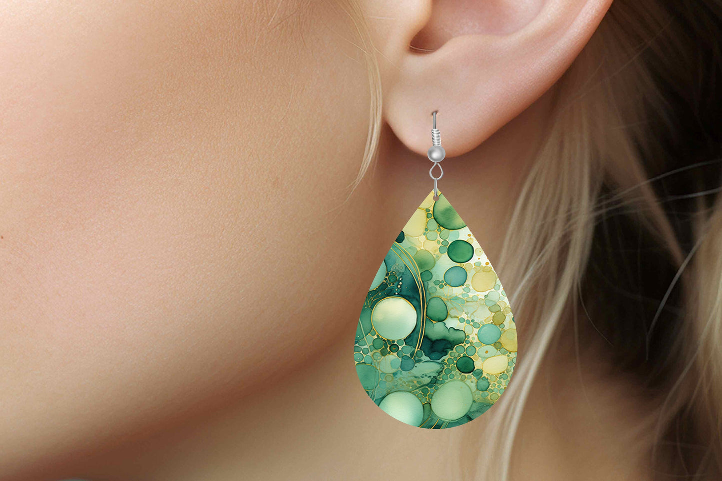 Green Bubbles Print Earrings Tear Drop Wood Dangle Earrings Hypoallergenic Jewelry