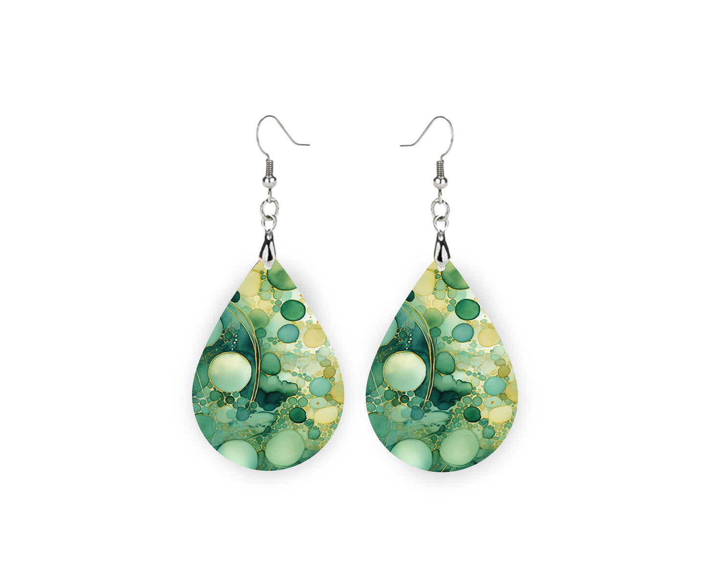 Green Bubbles Print Earrings Tear Drop Wood Dangle Earrings Hypoallergenic Jewelry