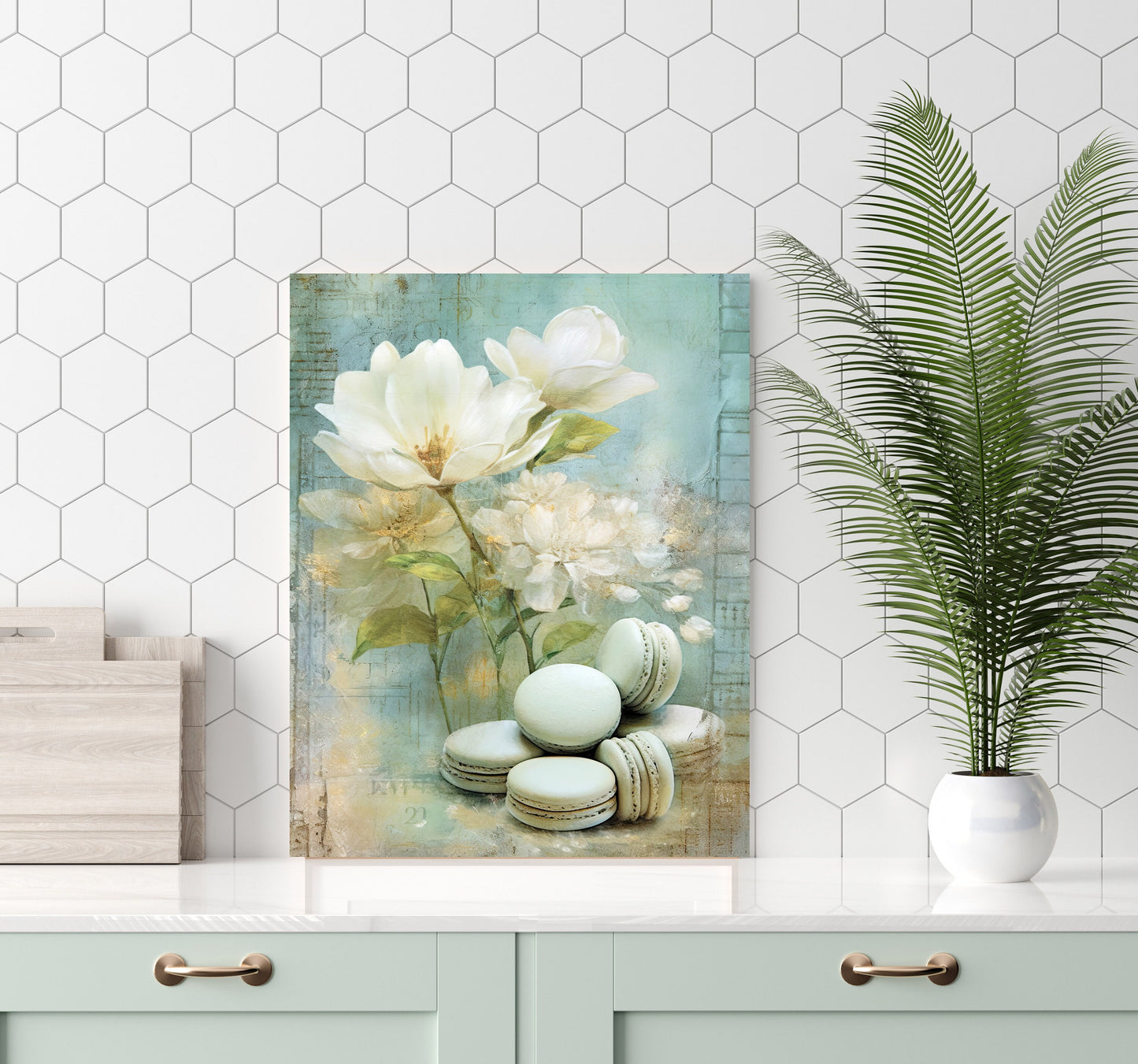 11x14 Mint Macarons and Flowers Wall Art Canvas Print