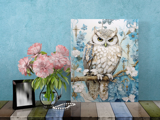 11x14 Owl on Blue Wall Art Canvas Print