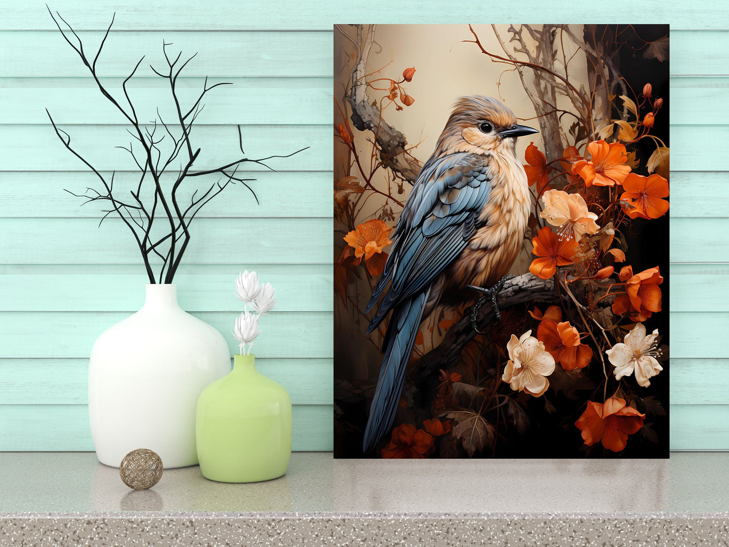 11x14 Orange Floral and Bird Wall Art Canvas Print