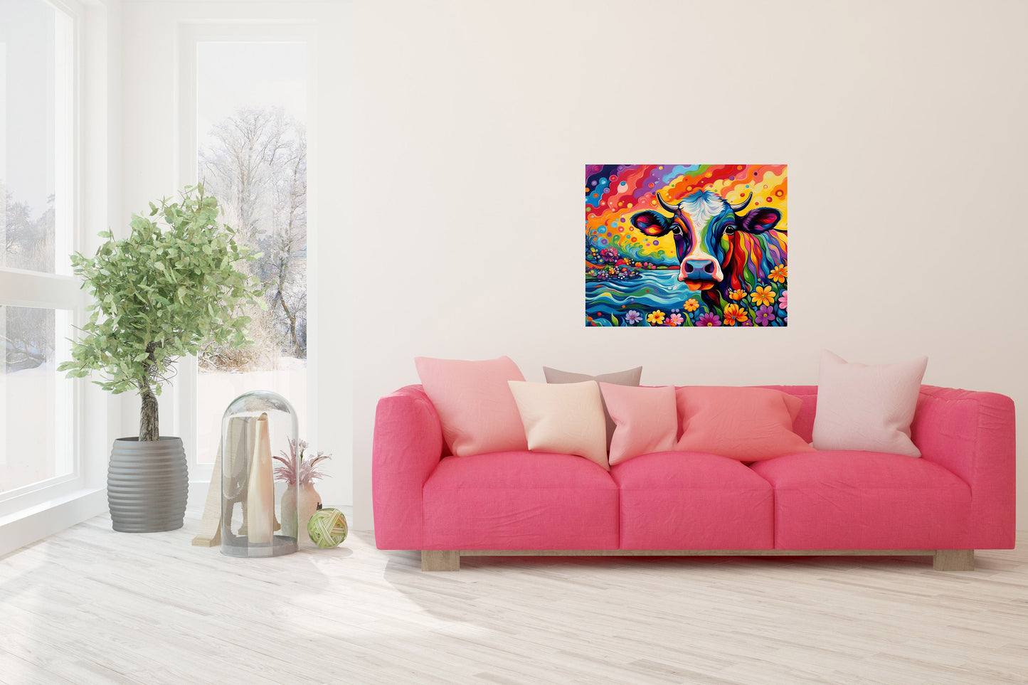 20x16 Bright Colorful Cow Wall Art Canvas Print