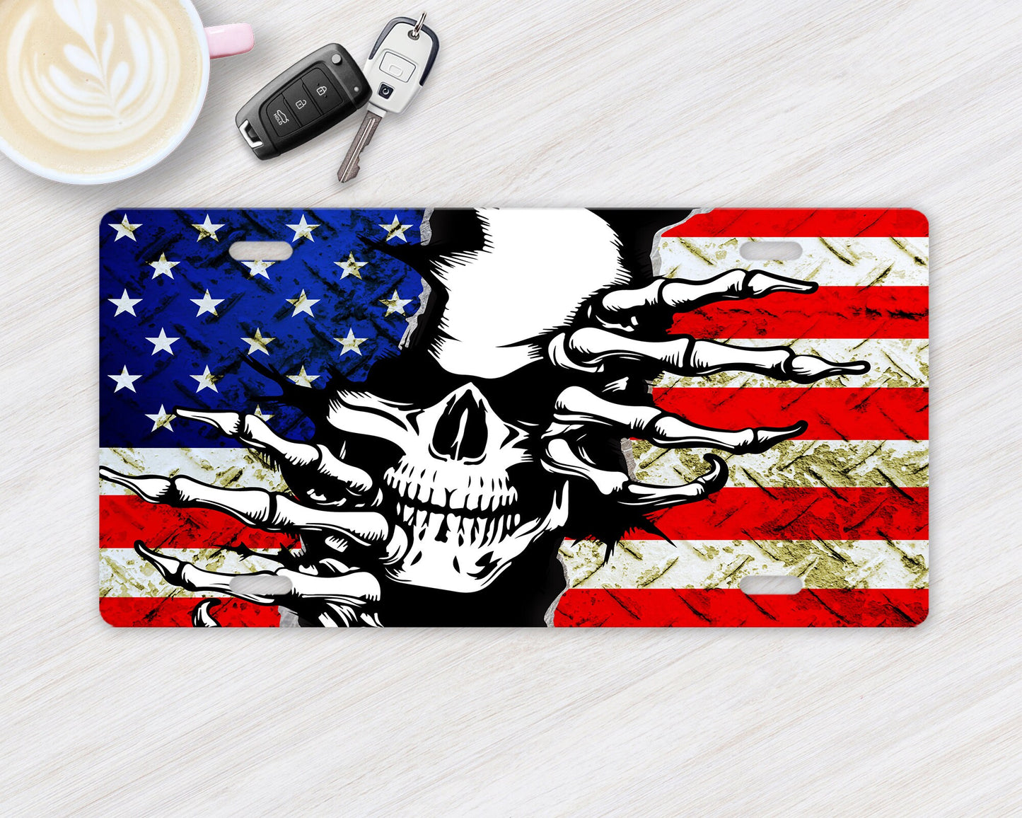 Vanity Front License Plate, Skull and American Flag Aluminum Vanity License Plate Car Accessory Decorative Front Plate