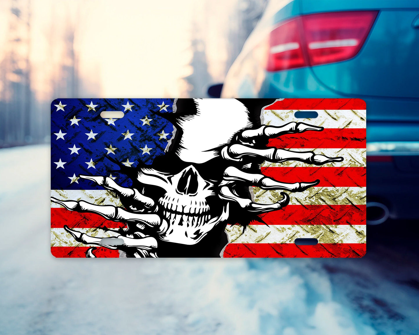 Vanity Front License Plate, Skull and American Flag Aluminum Vanity License Plate Car Accessory Decorative Front Plate