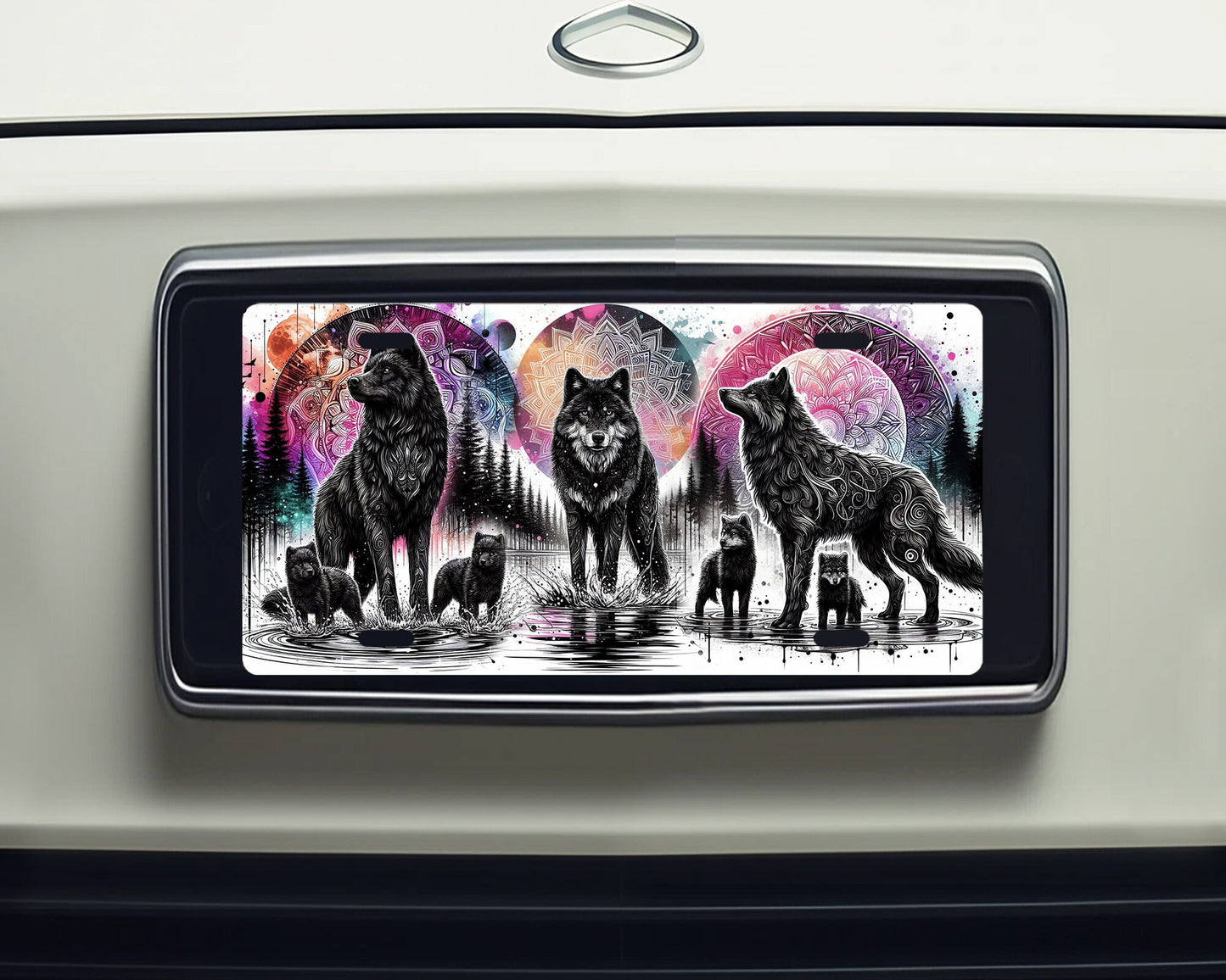 Vanity Front License Plate, Wolf and Mandalas Aluminum Vanity License Plate Car Accessory Decorative Front Plate