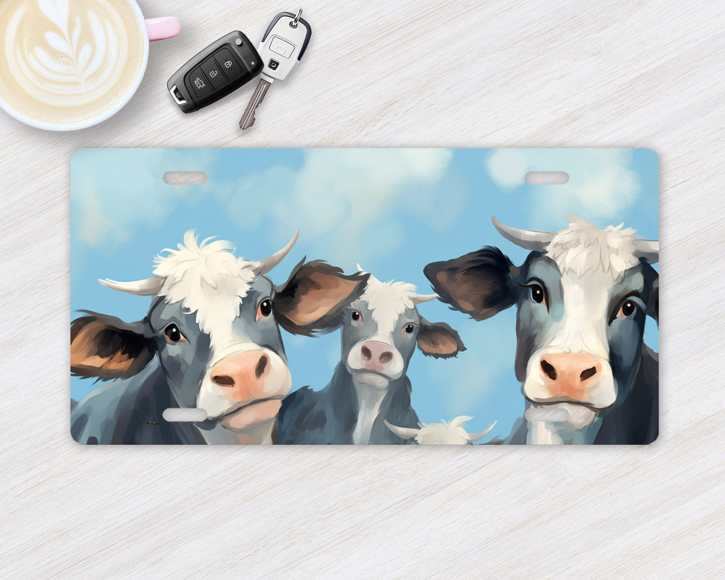 Vanity Front License Plate, Cows on Blue Aluminum License Plate Car Accessory Decorative Front Plate