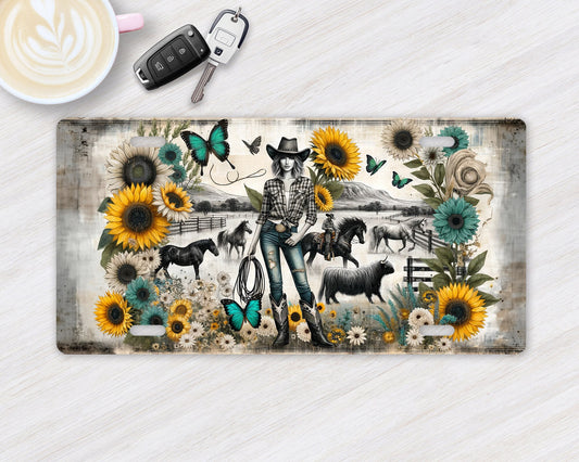 Cowgirl and Sunflowers Vanity Decorative Front License Plate Cute Car License Plate Aluminum Metal Plate