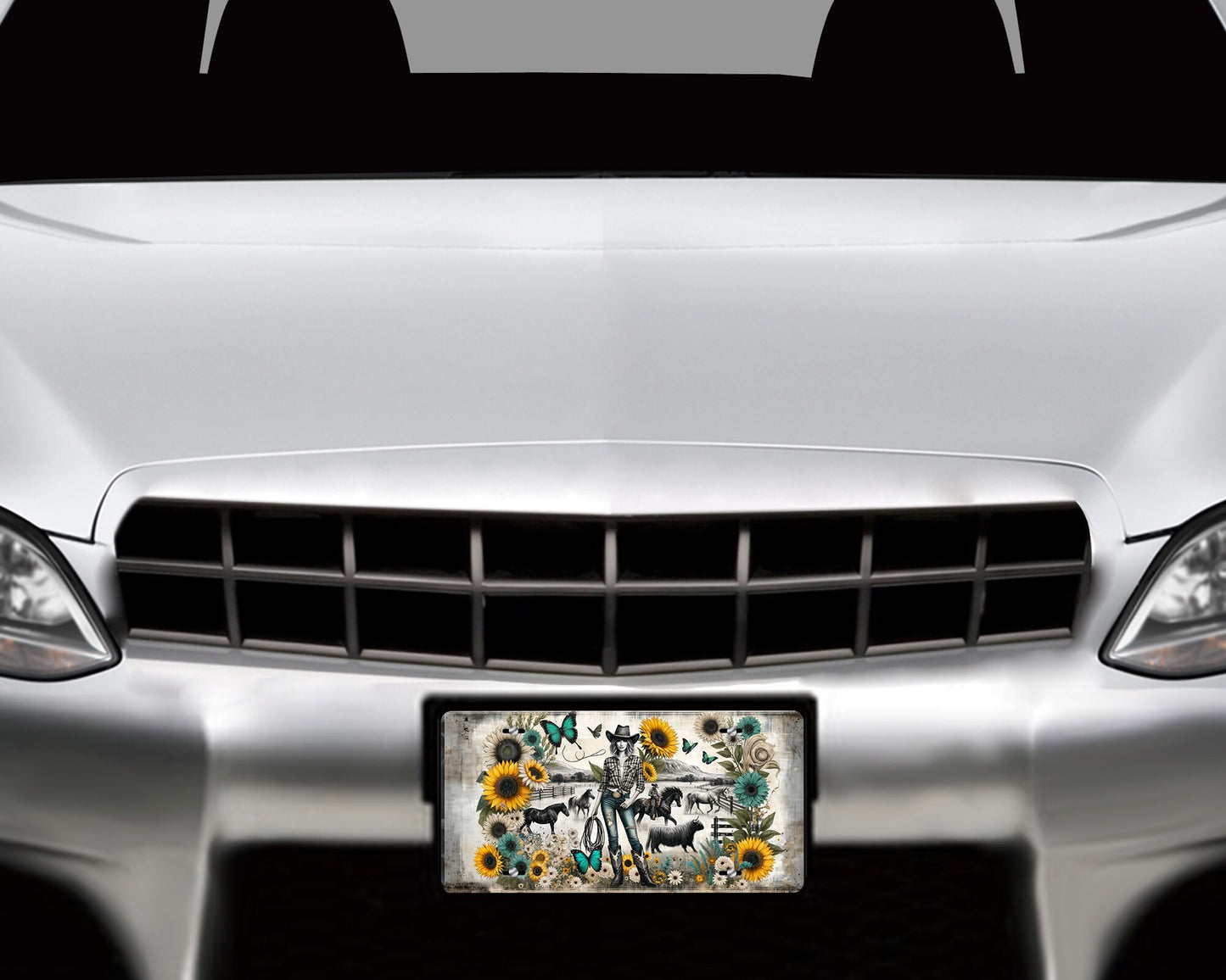 Cowgirl and Sunflowers Vanity Decorative Front License Plate Cute Car License Plate Aluminum Metal Plate