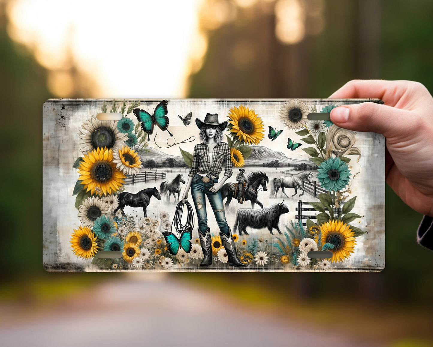 Cowgirl and Sunflowers Vanity Decorative Front License Plate Cute Car License Plate Aluminum Metal Plate