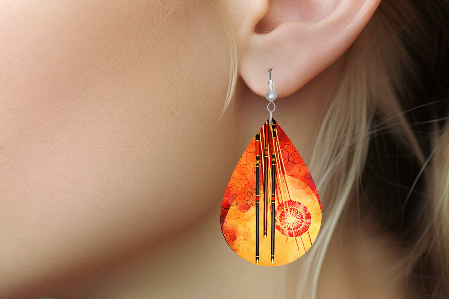 New Release Asian Gold Print Tear Drop Wood Dangle Earrings Hypoallergenic Jewelry