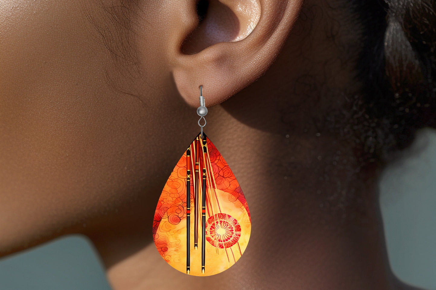 New Release Asian Gold Print Tear Drop Wood Dangle Earrings Hypoallergenic Jewelry