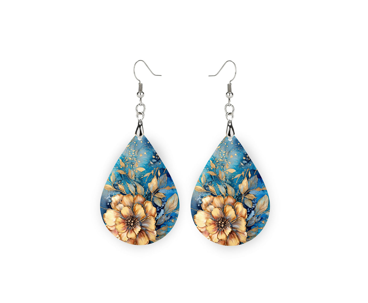 New Release Blue and Gold Floral Print Tear Drop Wood Dangle Earrings Hypoallergenic Jewelry