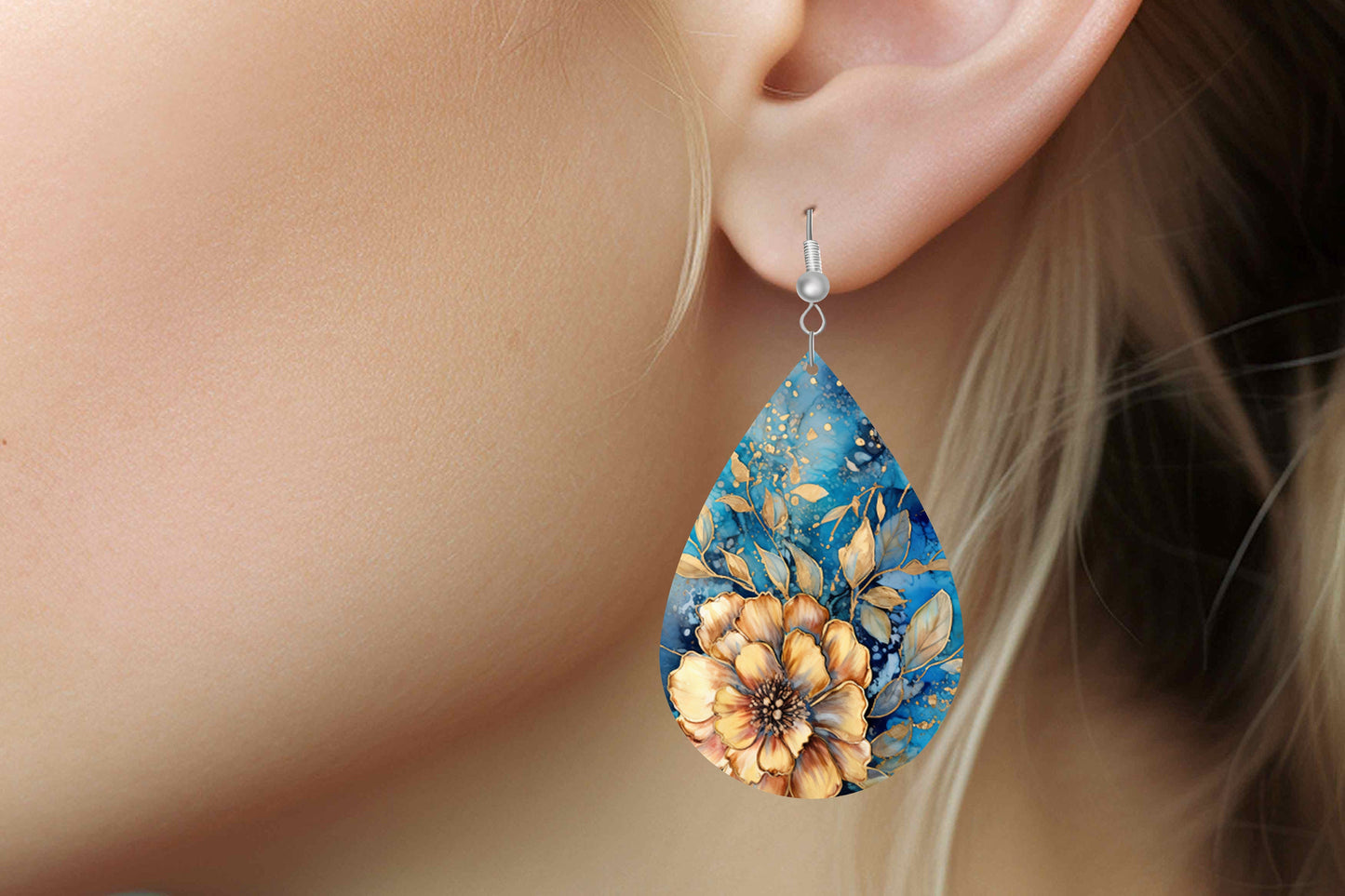 New Release Blue and Gold Floral Print Tear Drop Wood Dangle Earrings Hypoallergenic Jewelry