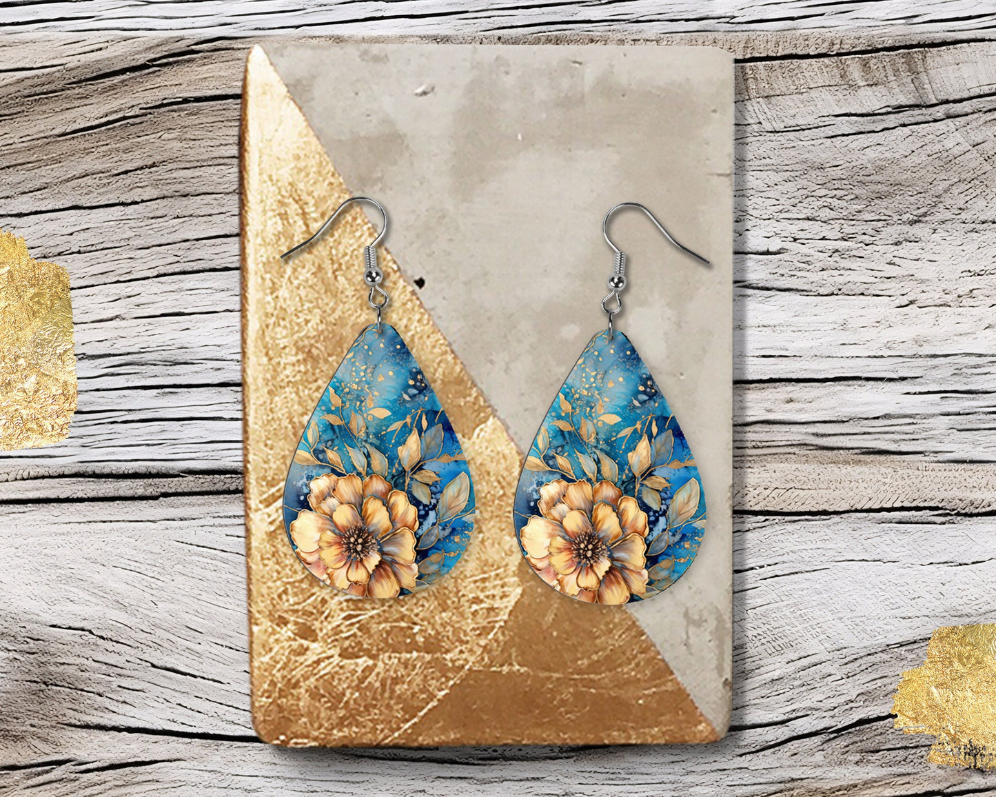 New Release Blue and Gold Floral Print Tear Drop Wood Dangle Earrings Hypoallergenic Jewelry