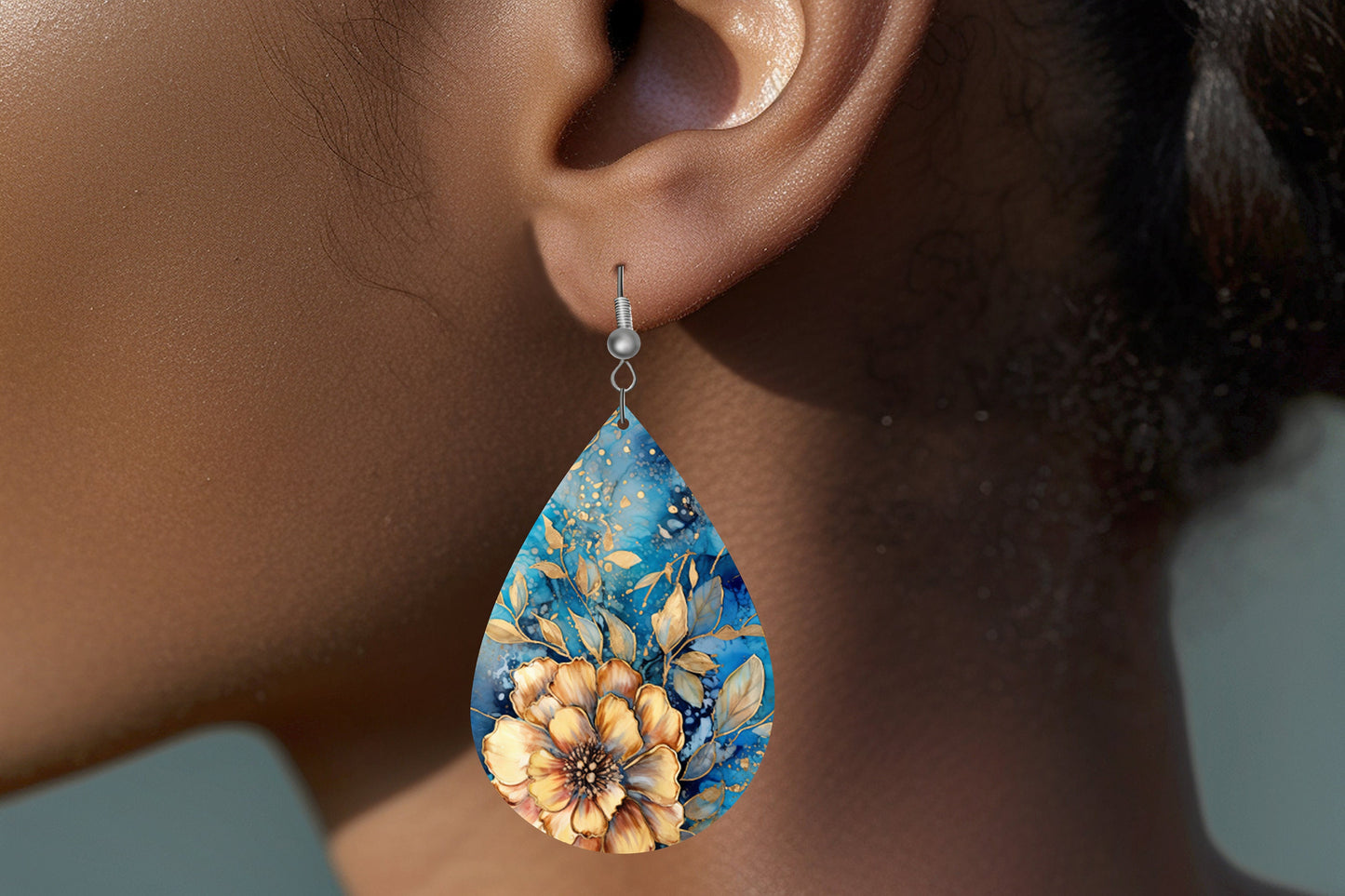 New Release Blue and Gold Floral Print Tear Drop Wood Dangle Earrings Hypoallergenic Jewelry