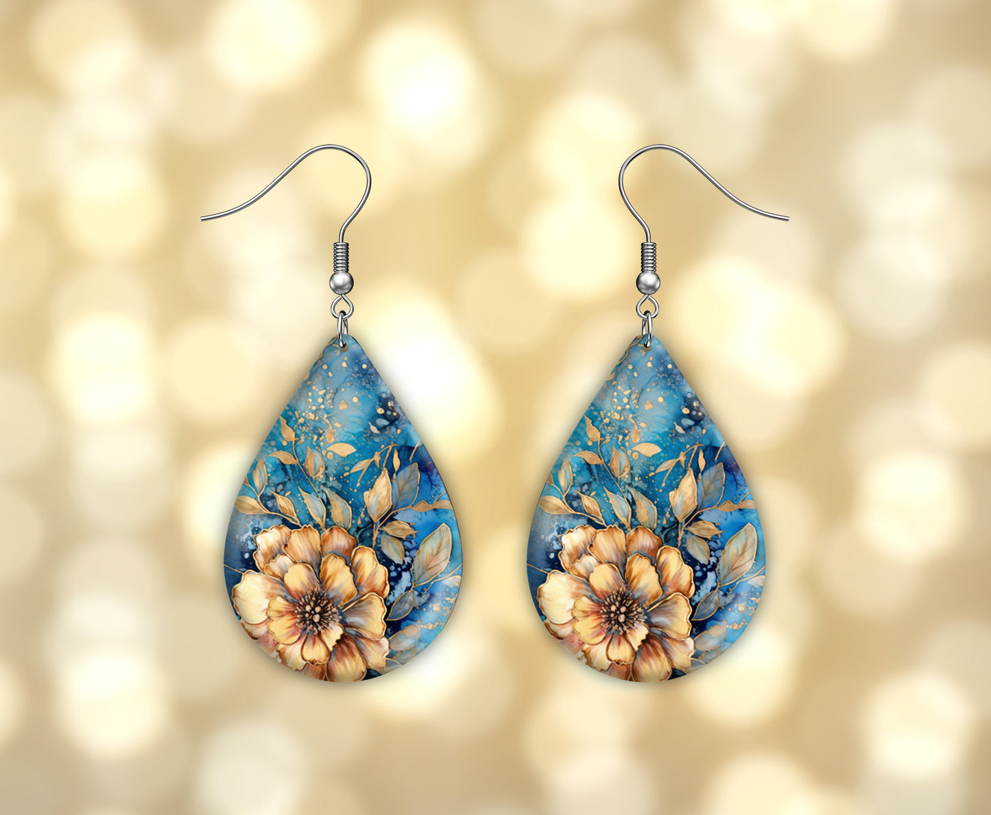 New Release Blue and Gold Floral Print Tear Drop Wood Dangle Earrings Hypoallergenic Jewelry