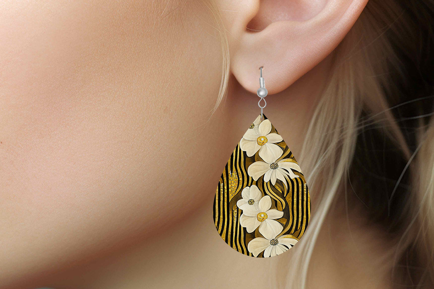 New Release Cream and Gold Flowers Print Tear Drop Wood Dangle Earrings Hypoallergenic Jewelry