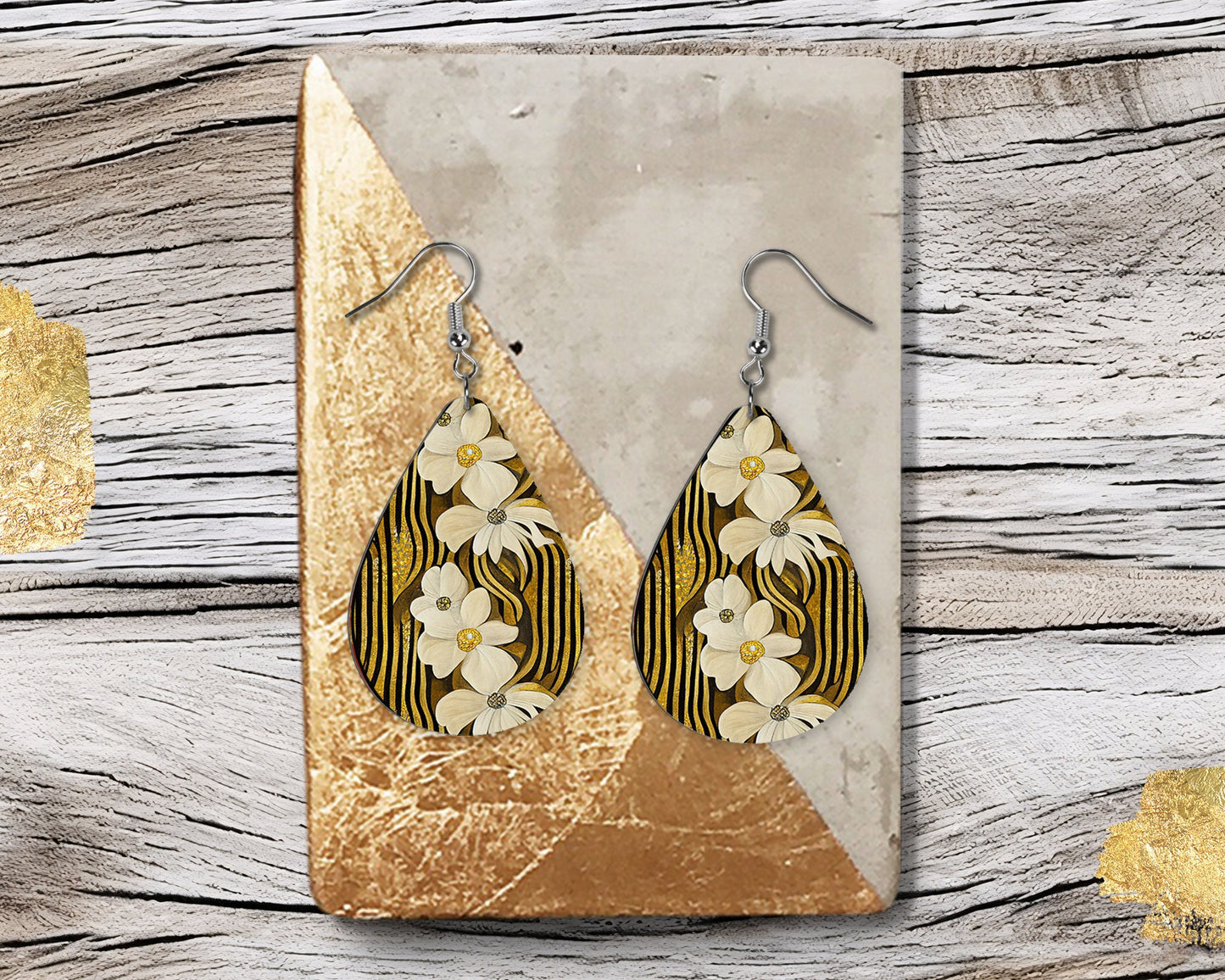 New Release Cream and Gold Flowers Print Tear Drop Wood Dangle Earrings Hypoallergenic Jewelry