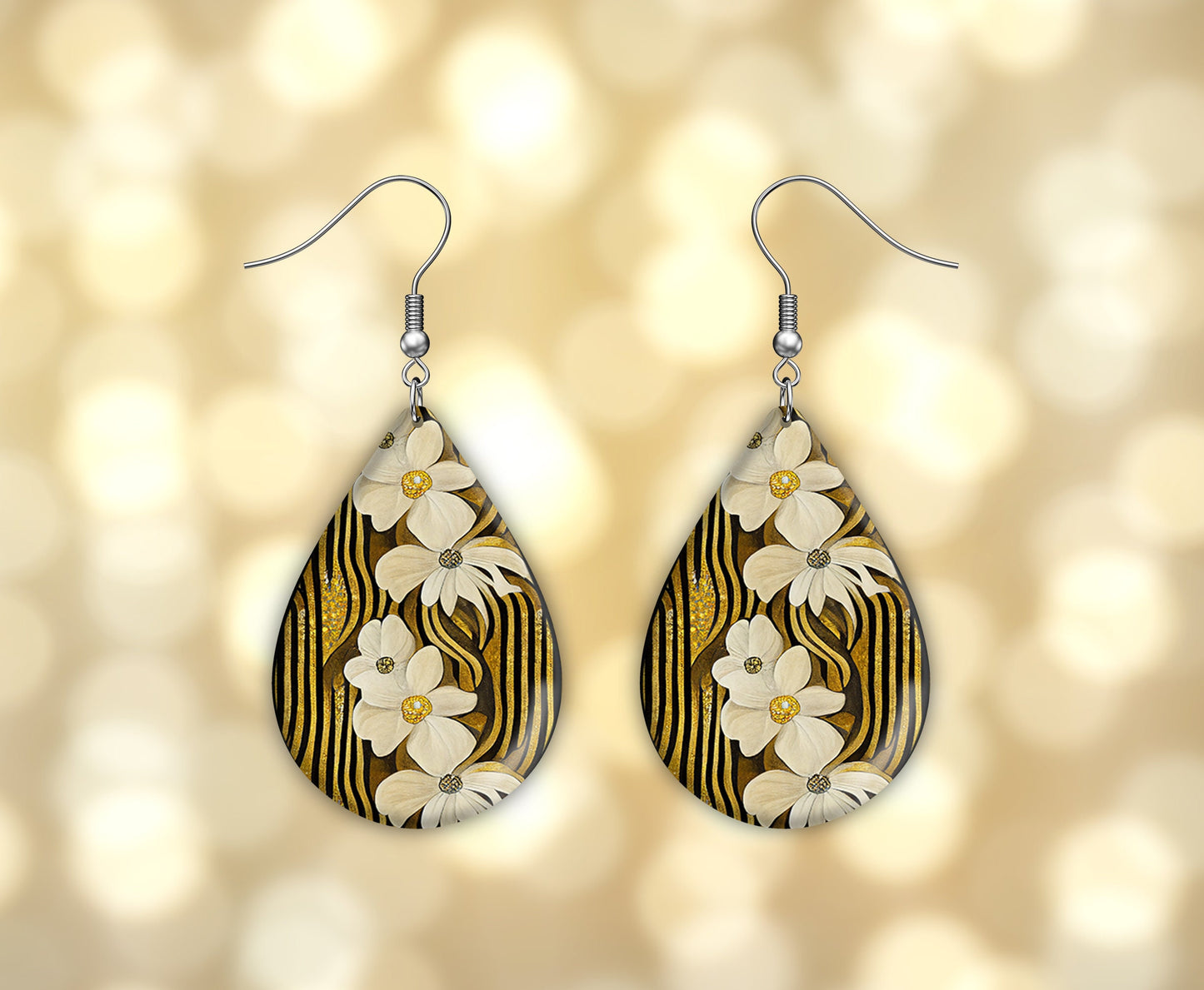 New Release Cream and Gold Flowers Print Tear Drop Wood Dangle Earrings Hypoallergenic Jewelry