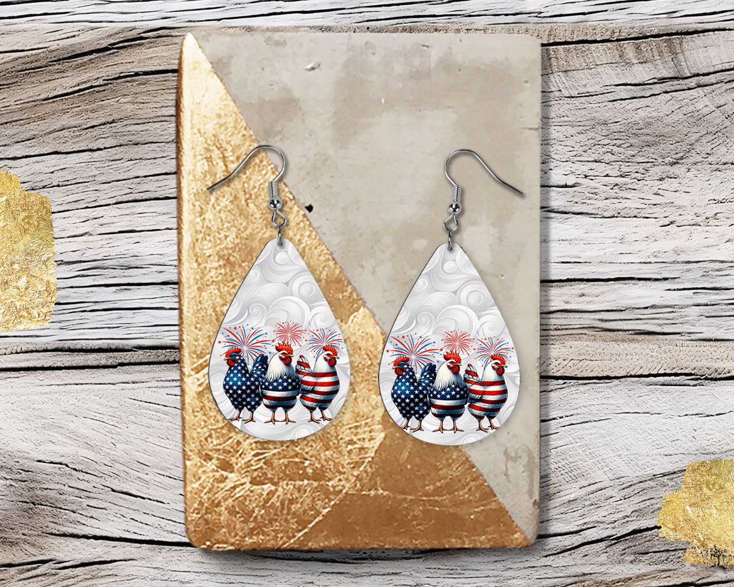 New Release Patriotic Chickens Tear Drop Wood Dangle Earrings Hypoallergenic Jewelry