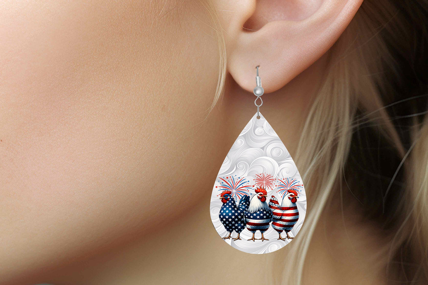 New Release Patriotic Chickens Tear Drop Wood Dangle Earrings Hypoallergenic Jewelry