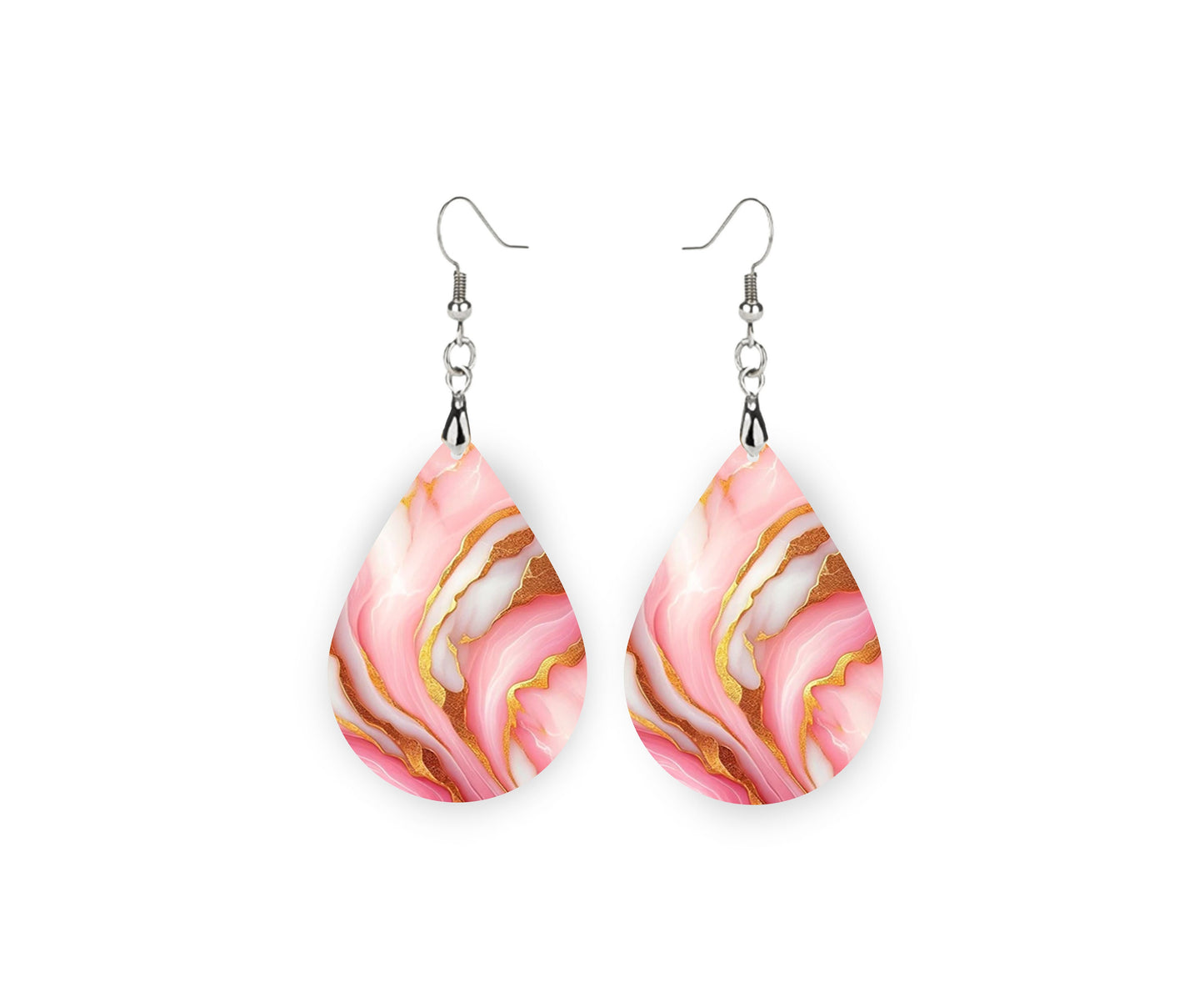 New Release Pink and White Marble Print Tear Drop Wood Dangle Earrings Hypoallergenic Jewelry