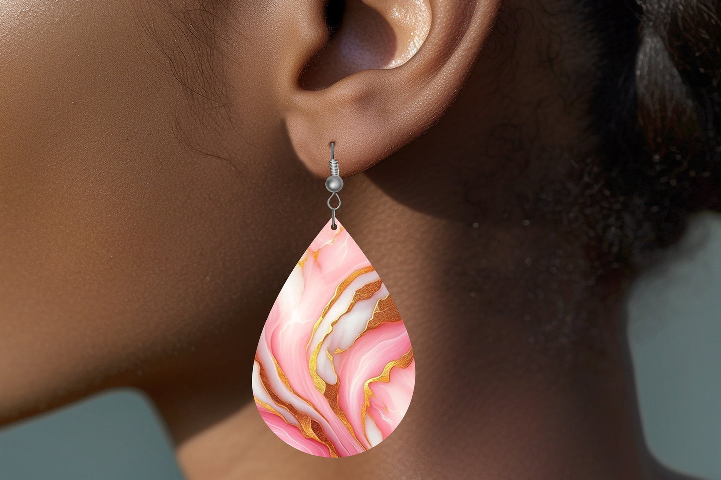 New Release Pink and White Marble Print Tear Drop Wood Dangle Earrings Hypoallergenic Jewelry