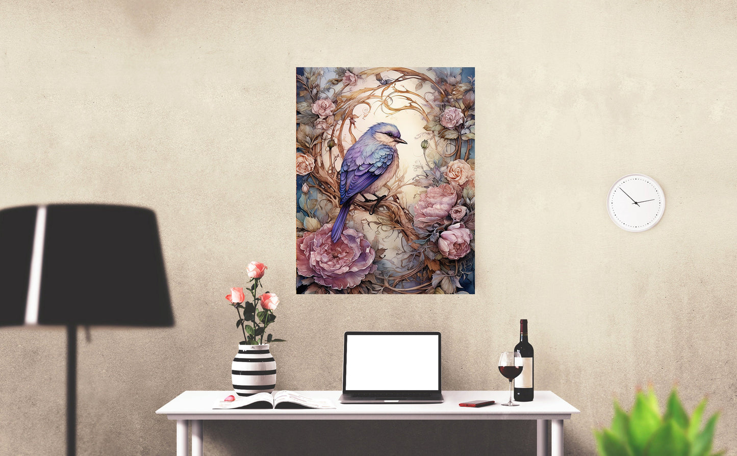 11x14 Cabbage Roses and Bird Wall Art Canvas Print