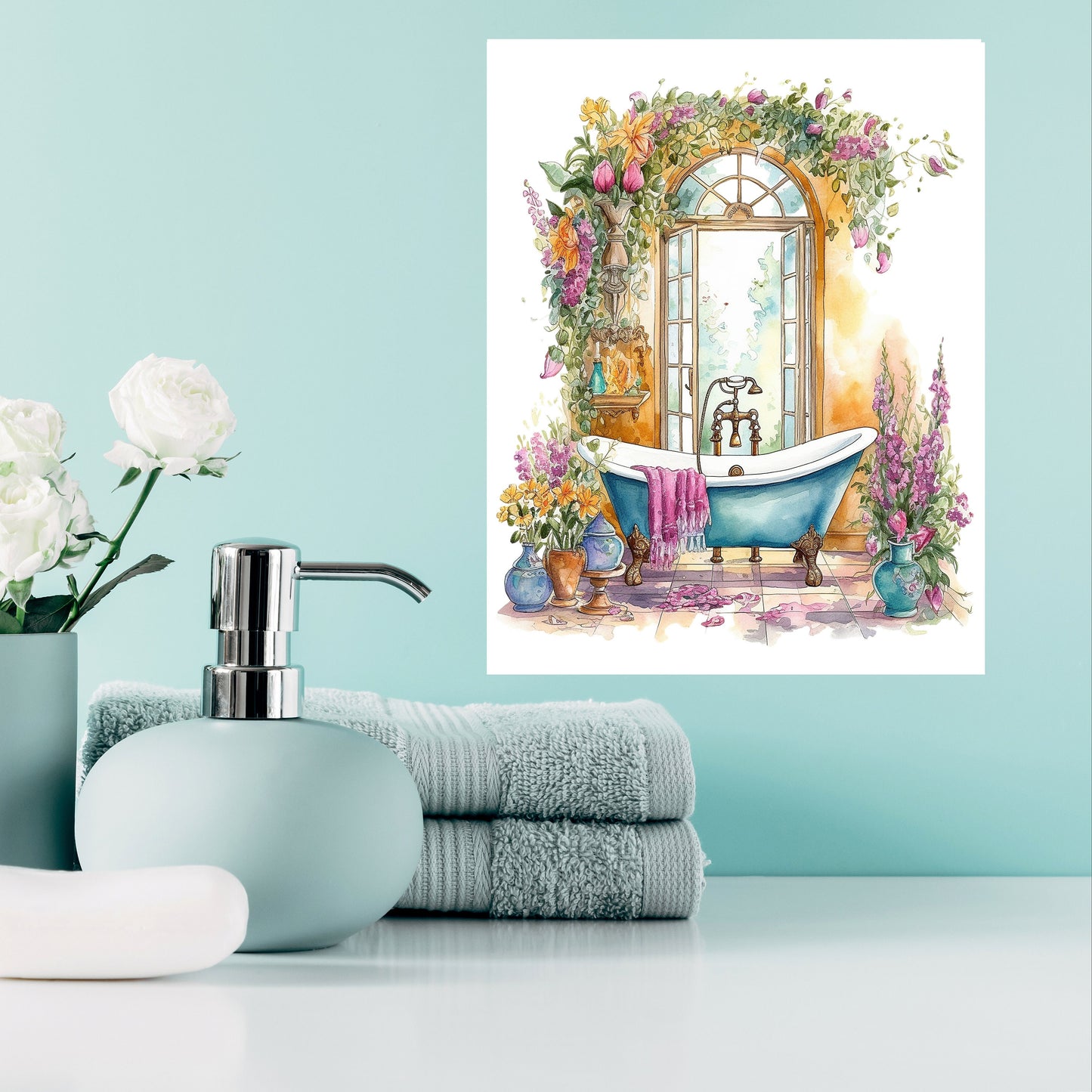 11x14 Cream Floral Bath Wall Art Canvas Print