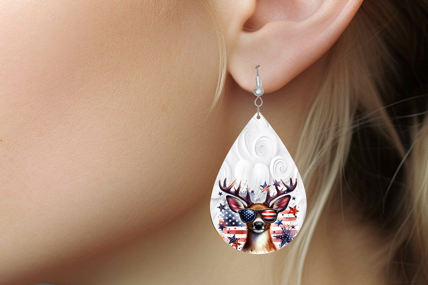 New Release Patriotic Deer Tear Drop Wood Dangle Earrings Hypoallergenic Jewelry