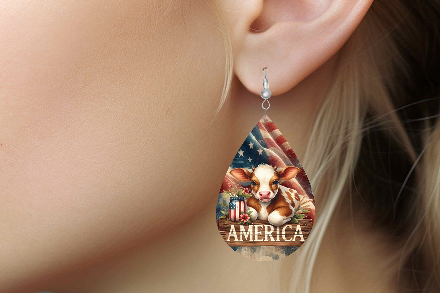 New Release American Cow Tear Drop Wood Dangle Earrings Hypoallergenic Jewelry