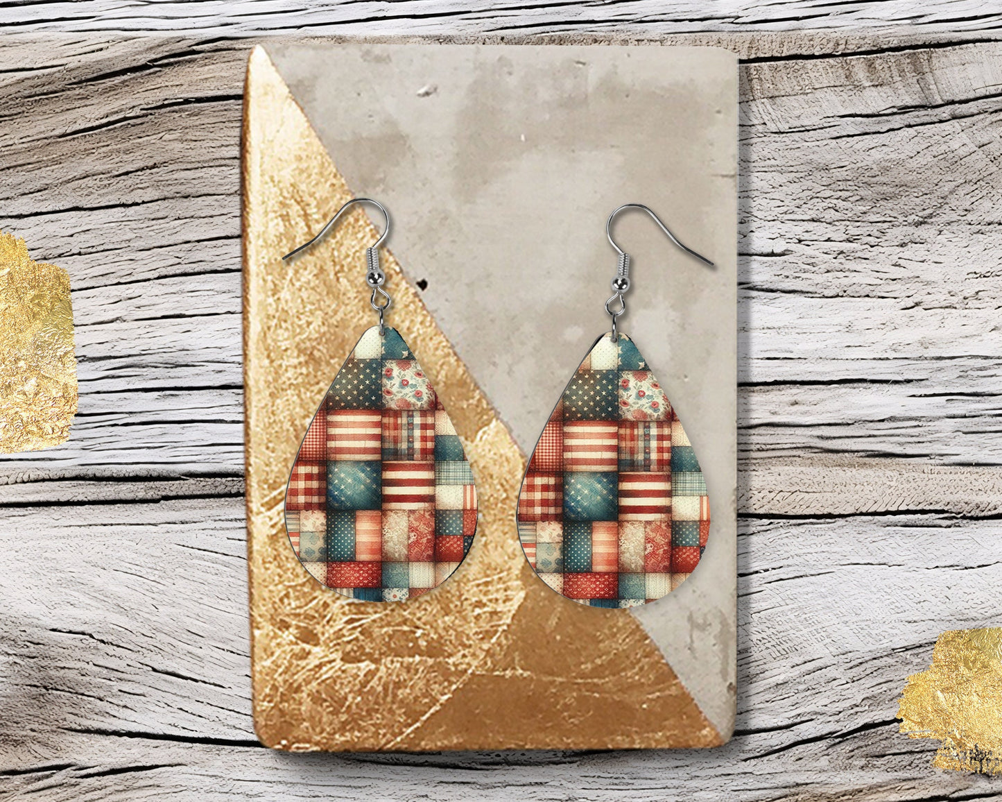 New Release Patchwork Stars and Stripes Tear Drop Wood Dangle Earrings Hypoallergenic Jewelry