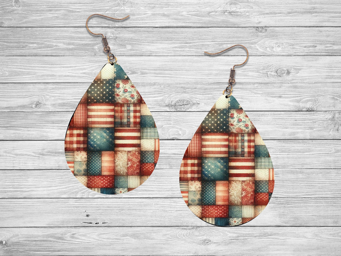 New Release Patchwork Stars and Stripes Tear Drop Wood Dangle Earrings Hypoallergenic Jewelry