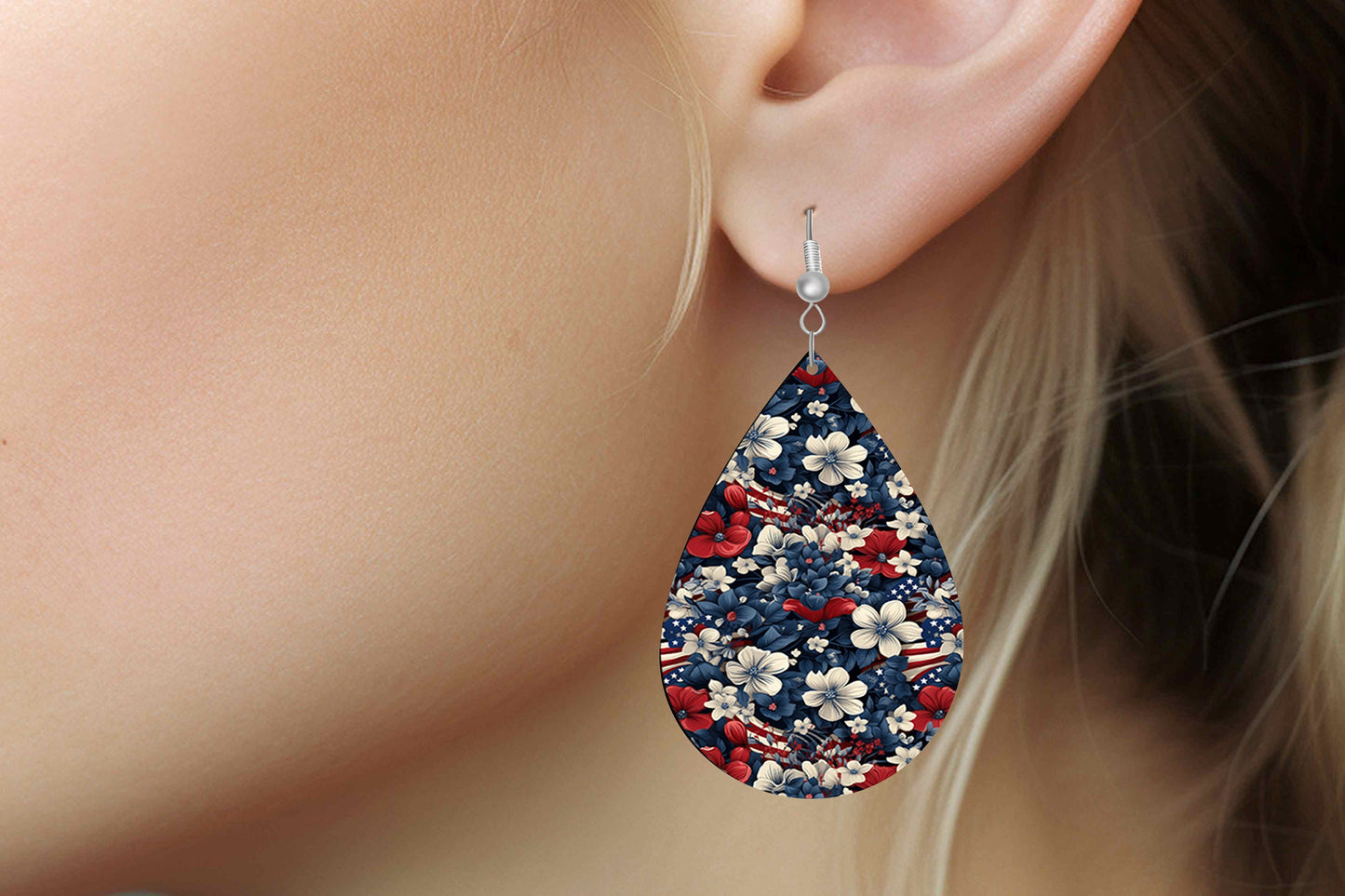 New Release Stars and Stripes Flowers Tear Drop Wood Dangle Earrings Hypoallergenic Jewelry