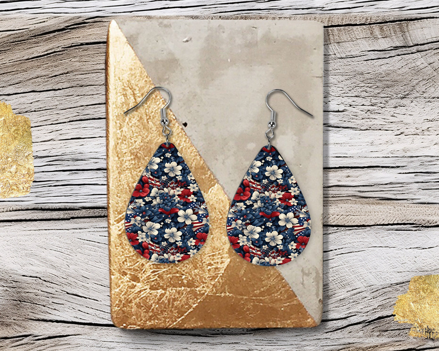 New Release Stars and Stripes Flowers Tear Drop Wood Dangle Earrings Hypoallergenic Jewelry