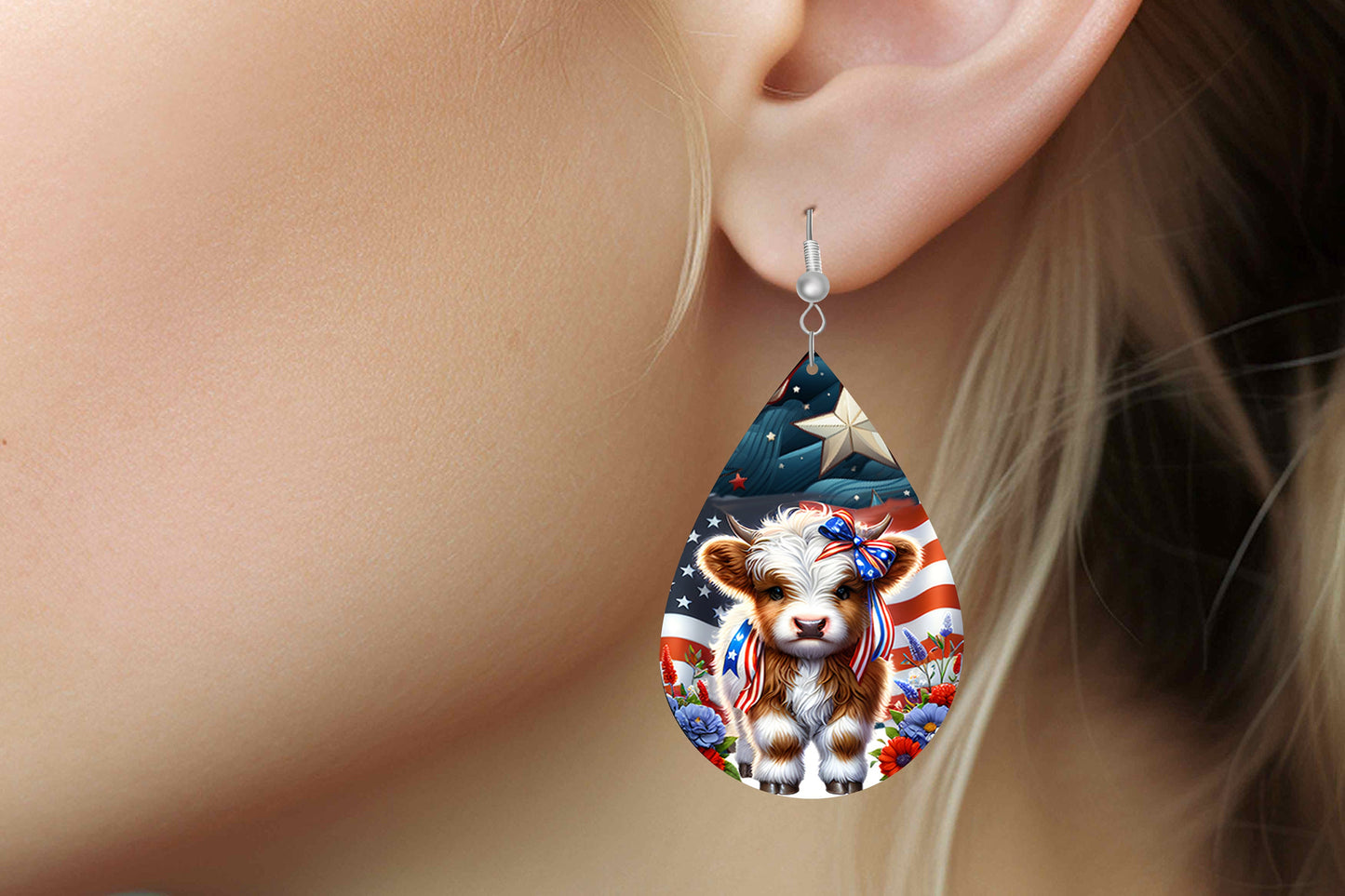 New Release Stars and Stripes Highland Cow Tear Drop Wood Dangle Earrings Hypoallergenic Jewelry