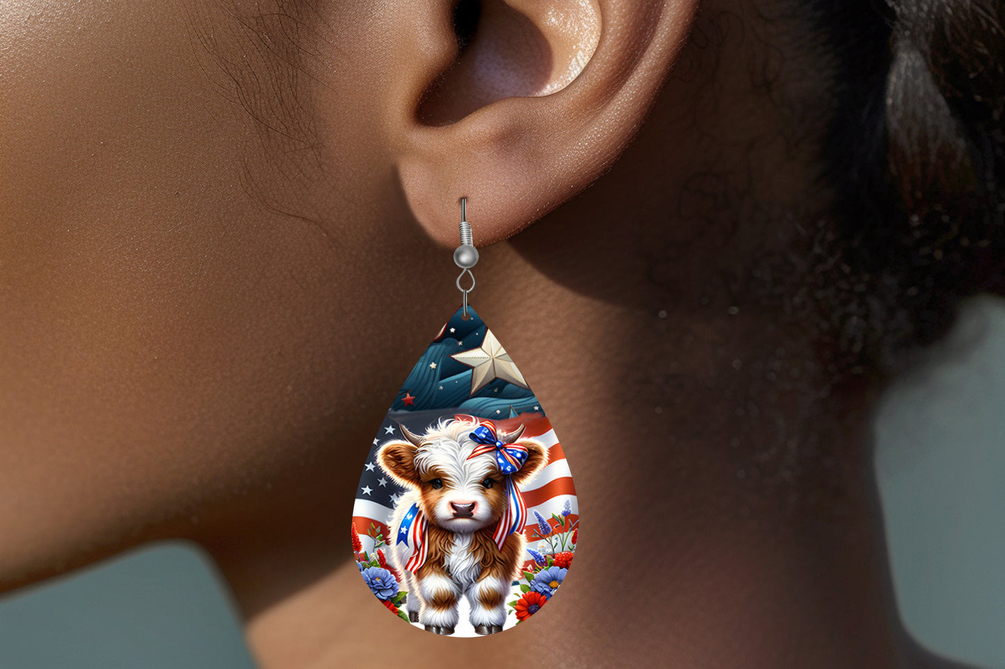 New Release Stars and Stripes Highland Cow Tear Drop Wood Dangle Earrings Hypoallergenic Jewelry