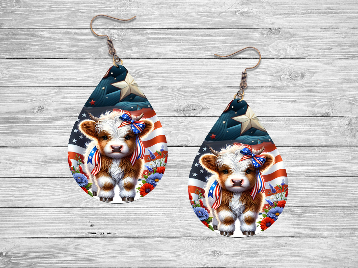 New Release Stars and Stripes Highland Cow Tear Drop Wood Dangle Earrings Hypoallergenic Jewelry